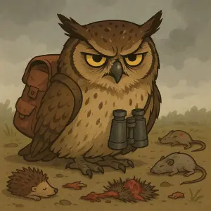 Zamračený výr s batohem a dalekohledem. Poházené zbytky ježků a hrabošů. Realistický, ale jednoduchý animovaný styl.