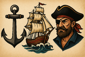 námožnické motivy kotvu, plachetnici a piráta