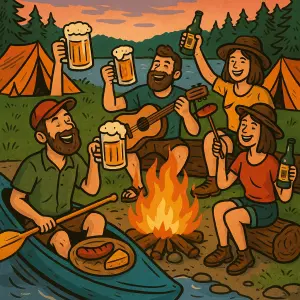 Udělej mi obrázek vodácký kde originálně zahrneš zábavu, pivo, alkohol, jídlo, oheŇ, stany, tábor atd
