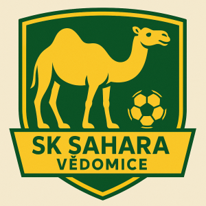 Velbloud s fotbalovým míčem. Pod něj nápis “SK Sahara Vědomice”Vše laděno do zelenožlutých barev. Všechny nohy stejné