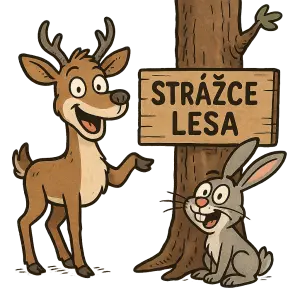 Humorná srnka se zajíce vedle stromu s nápisem Strážce lesa bez pozadí
