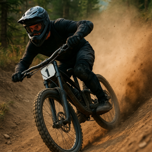 sjezdový MTB cyklista (downhill rider) v helmě a chráničích, jedoucí extrémně rychle z kopce, agresivní postoj, nakloněn