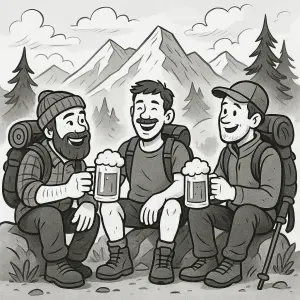Kamaradi,hory,tůra,pivo , prim kresleně a černobíle.