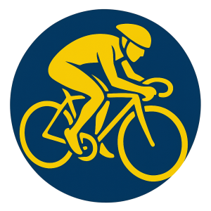 Abstract Picture of a racing cyclist only in yellow, completely inside a blue circle. No background
