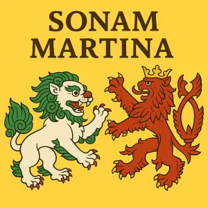 Tibetský sněžný lev a český lev na žlutém pozadí a nápis Sonam a Martina
