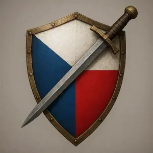 sparťanský štít v barvě české vlajky, přes štít sparťanský měč