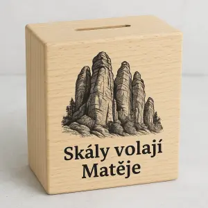 Na pokladničku doprostřed dát obrázek skal a pod to text "Skály volají Matěje"