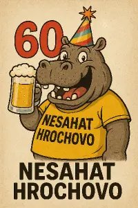 vtipný hroch slavící 60. narozeniny s pivem v ruce a nápisem : NESAHAT HROCHOVO