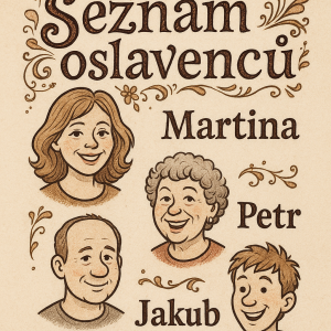 Trochu zdobný text s karikaturami osobSeznam oslavenců:MartinaZdenaPetrJakub