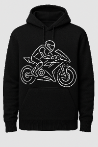 Udělej mi design na obleceni zamereny na motorku. Chci jednoduchy ale futuristycky styl na cernou mikinu, drz se aby byl