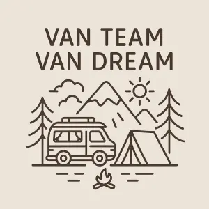 text van team van dream. tenké kontury, téma vanu(kempování) a přírody, jednoduché.