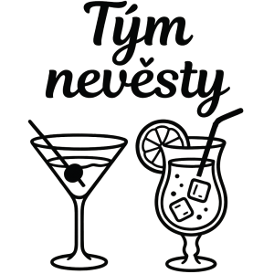 Nápis Tým nevěsty (nahoře uprostřed), sklenice s koktejly (clipart černobílé)