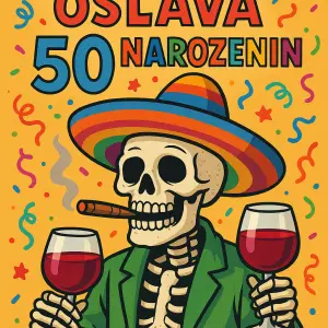 Oslava 50 narozenin.vesely,barevny kostlivec který kouří a pije červený víno z Itálie