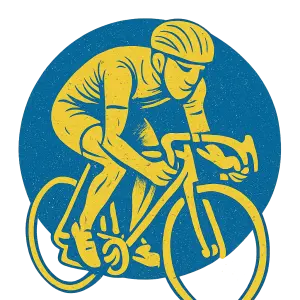 Abstract Picture of a racing cyclist wearing old style helmet. Only in yellow. On a blue circle. No background