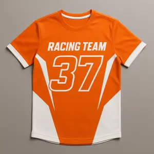 Týmové tričko na závody motorek s číslem 37 v oranžovo bílé barvě.