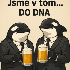 parta orku v obleku stojí vedle sebe a v ruce pivo :napis - Jsme v tom... do dna