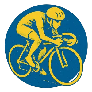 Abstract Picture of a racing cyclist wearing 70s style helmet. Only in yellow. On a blue circle. No background