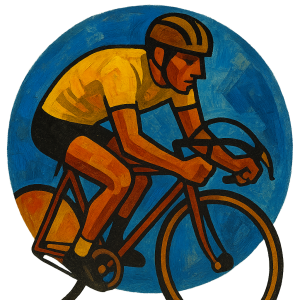 Abstract Picture of a 1970s racing cyclist in yellow, inside a blue circle. No background