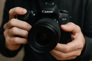 Fotoaparát značky Canon, který má nasměrován objektiv do předu a jsou vidět jen ruce, co zaostřují objektiv