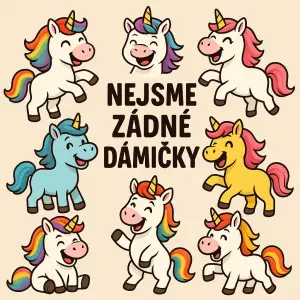 6 různých veselých jednorožců a nápis Nejsme žádné dámičky