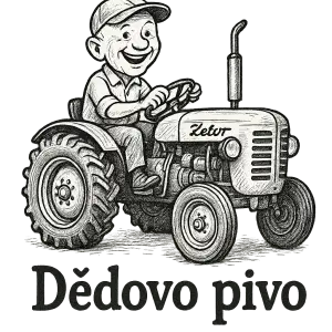 veselý obrázek s dědou bez vousů s kšiltovkou na traktoru Zetor a text: Dědovo pivo. Bez pozadí, perokresba