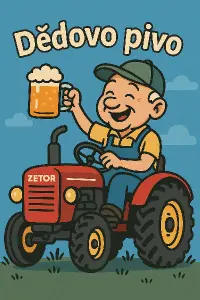 veselý obrázek s dědou bez vousů s kšiltovkou na traktoru Zetor a text: Dědovo pivo
