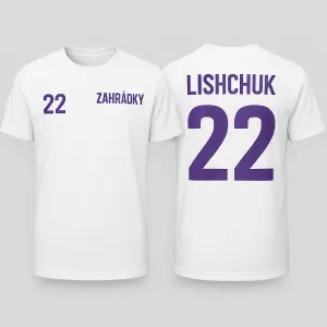 Barva potisku fialová Přední strana: malé číslo 22 vlevo a text ZAHRÁDKY vpravo.Zadní strana: LISHCHUK a velké číslo 22