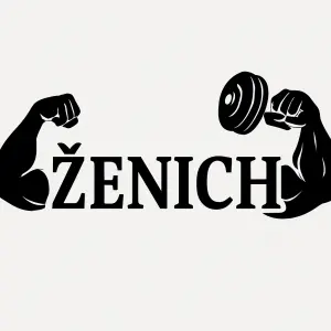 Černý nápis Ženich ve fontu ZY Bliss. Po bocích nápisu dvě vyposilované ruce zatnuté v biceps. Jedna z nich bude těžkouč