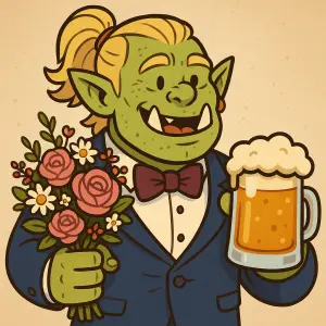 blond ork se svatební kytkou a pivem v ruce, styl kartoon