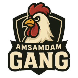 Logo Obsahující nápis Gang (jméno skupiny) a amsamdam (iniciály členů ) použij tématiku slepice.