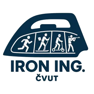 Logo jako žehlička štafetové akce ČVUT s názvem IRON ING. Součástí je běh, orienťák, paddleboard, koloběžka a biatlon.