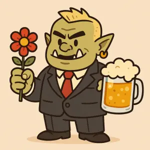 nakratko blond ORK v obleku s kytkou a pivem v ruce styl cartoon