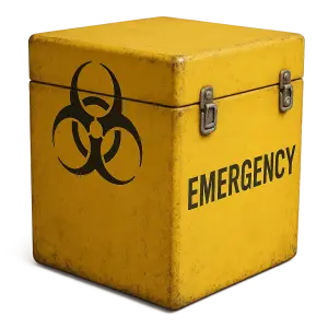 Na čele žlutý znak biohazard, na bok napsat Emergency