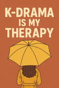 Nápis K-drama Is my therapy a obrázek postavy, ženy, otočené zády se žlutým destnikem