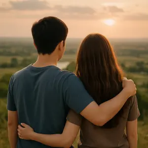 Zezadu kluk Číňan a holka hnědé vlasy delší co jsou zezadu a drží se kolem ramen a koukají na budoucnost
