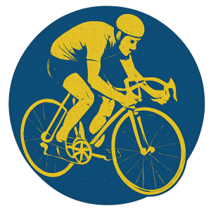 Abstract Picture of a 1970s racing cyclist only in yellow, completely inside a blue circle. No background