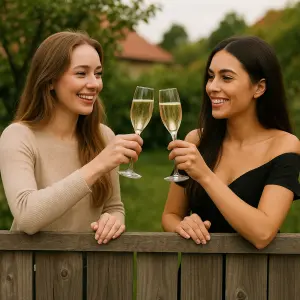Dvě krásky si přes plot připíjí proseccem
