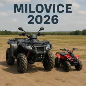 Čtyřkolka a dětská čtyřkolka, text: Milovice 2026