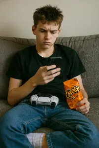 Znuděný teemager. se zájmem jen iphone, playstation, vysoký, bílé ponožky, číto