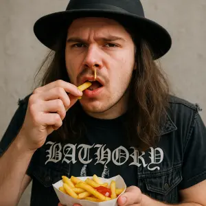 kluk metalhead s hnědými dlouhými vlasy v klobouku, kterému letí sopel z nosu satímco jí hranolky s omáčkou.