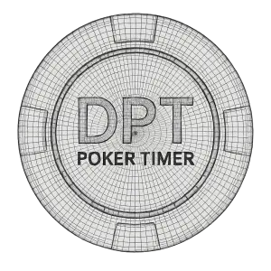 Černo bílý pokerový žeton uvnitř text DPT Poker Timer. Grafika: Velký, ale tenký a elegantní drátěný model wireframe
