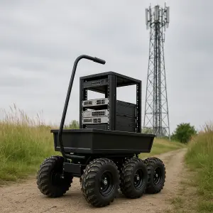 čtyřkolové motůčko které má místo korby malý 19"Rack a jede ke stožáru mobilního operátora