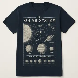 The t-shirt features a large, detailed, vintage-style infographic graphic printed in a distressed cream-white ink on the