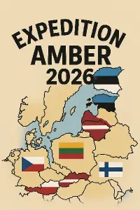 Nápis: Expedition Amber 2026 mapy a vlajky České republiky Polska, Litvy, Lotyšska, Estonska, Finska.
