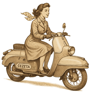 Žena jedoucí na skútru Čezeta, vintage styl, bez pozadí.