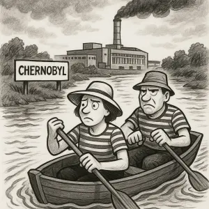 cernobil karikatury dvou lidi plujicich na rece s padly v rukou v lodi.tricko s kratkym rukavem pruhovane s kloboukem