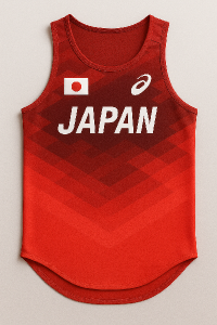 Japonský atletický dres, kde bude vlevo japonská vlajka, vpravo logo Asics a pod tím nápis JAPAN