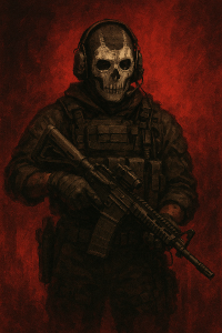 Ghost z call of duty v červeno černém pozadí s puškou v ruce