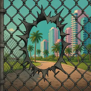 Punk díra v pletivu přes ni pohled na luxusní čtvrť miami vice budov palmy. Pohled z chudoby do bohatství humorny