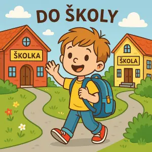 Kreslený kluk, který se loučí se školkou, odchází do školy